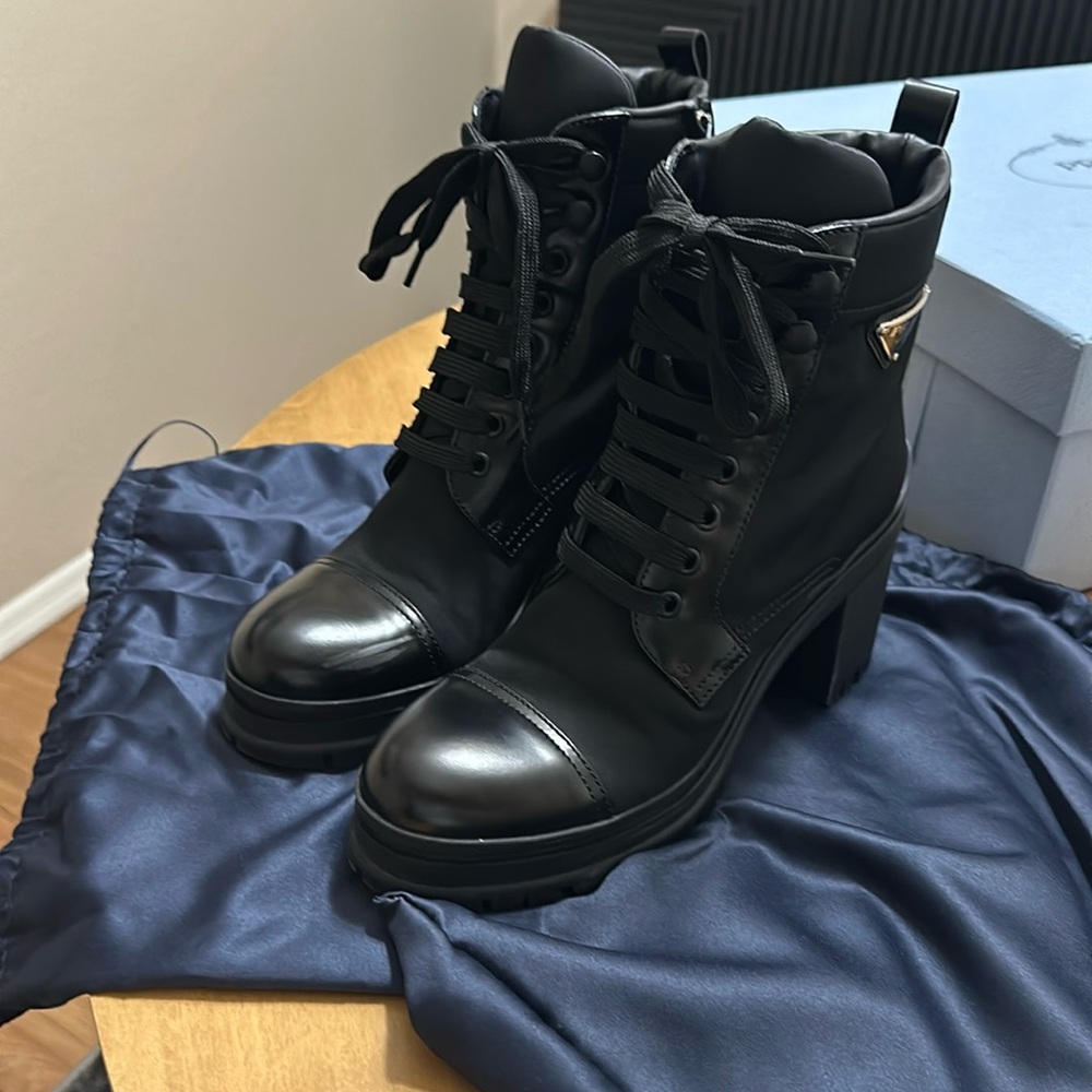 Prada Renylon leather heeled boots
